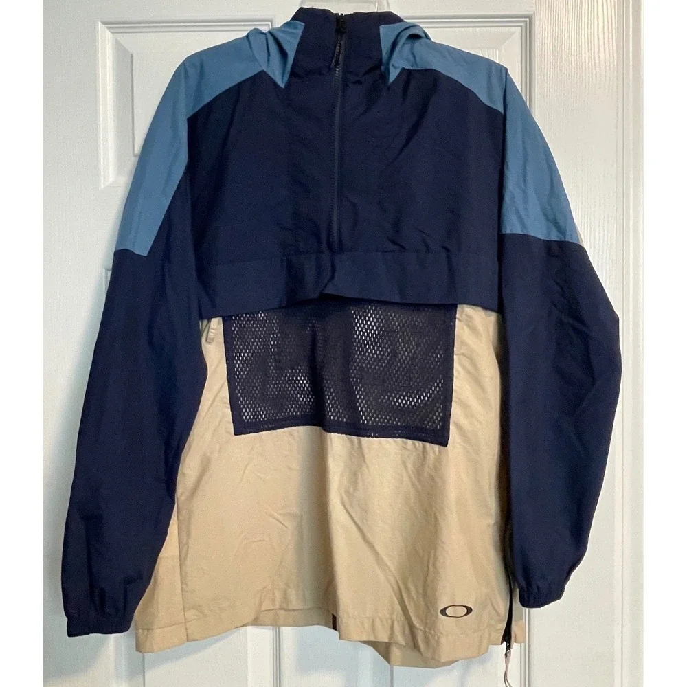 Oakley Mens Performance Fit Half Zip‎ Windbreaker Hooded Jacket Navy Tan Small